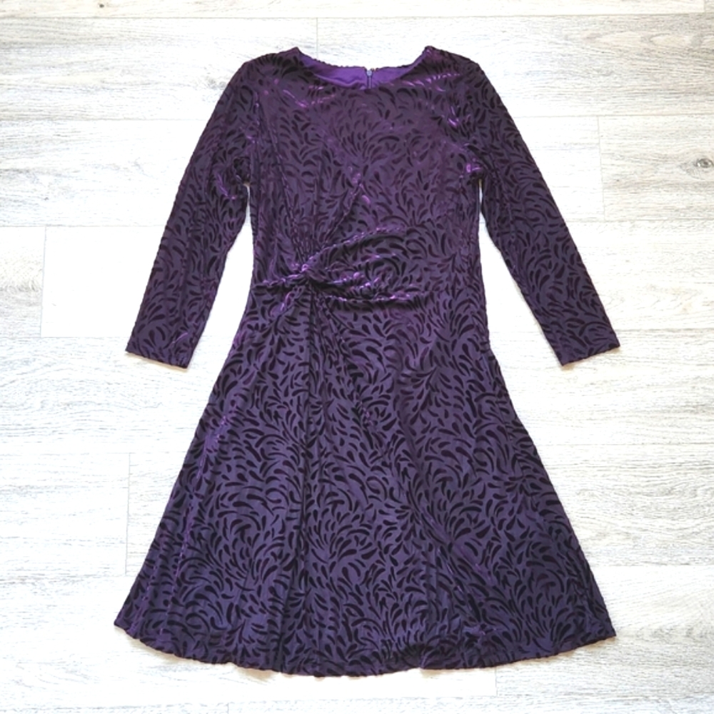 DKNY Purple Velvet Knotted Dress Womens 10 Graphic Long Sleeve Nwt